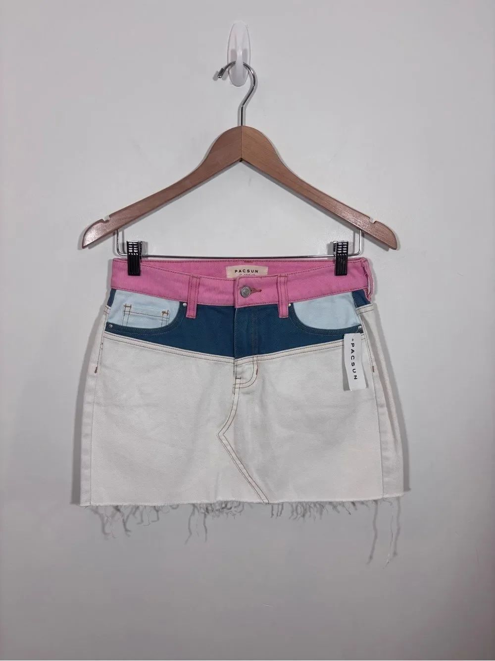 Pacsun color block denim cutoff skirt NWT Size 24 refresh wash raw hem